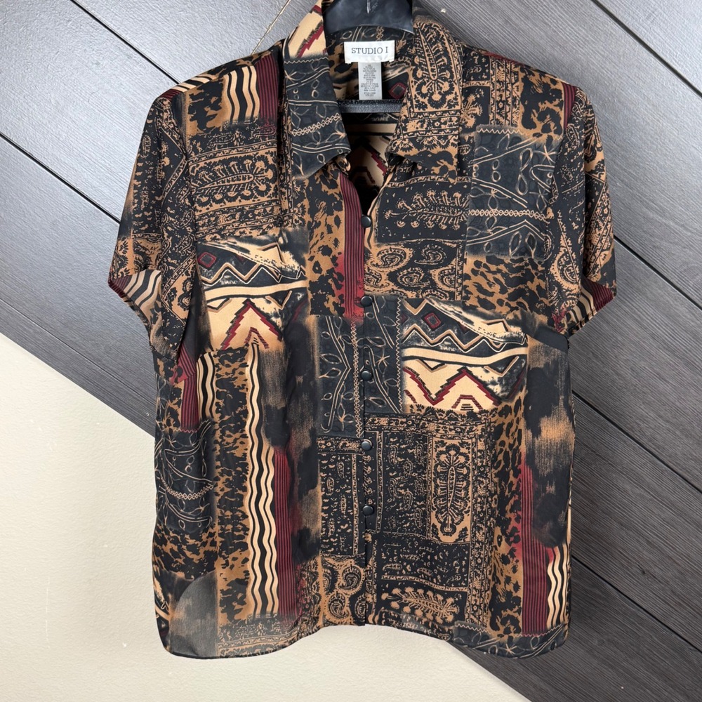 Studio I Women's 18W Sheer Abstract Animal Print Blouse Shoulder Pads Black Tan